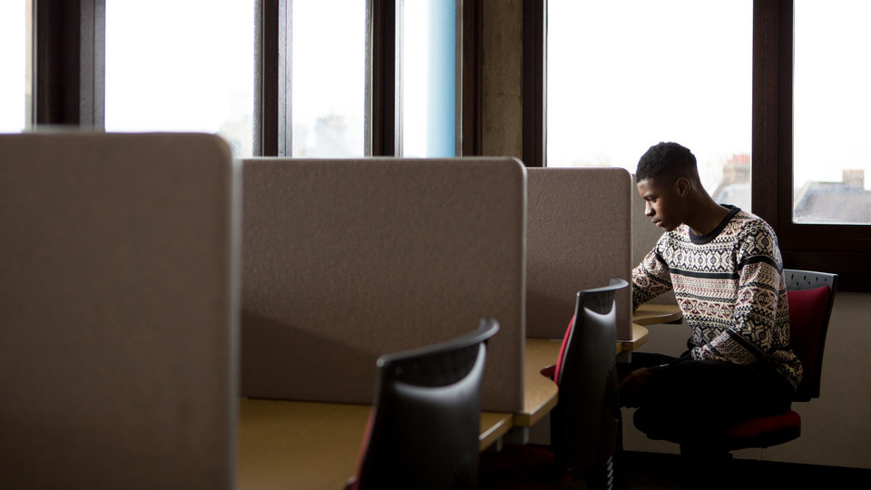 Private study booths on the upper floor