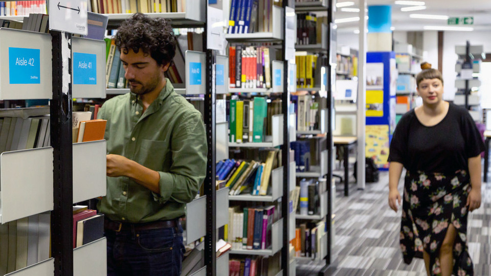 Bookshelves on the upper floor of the Library